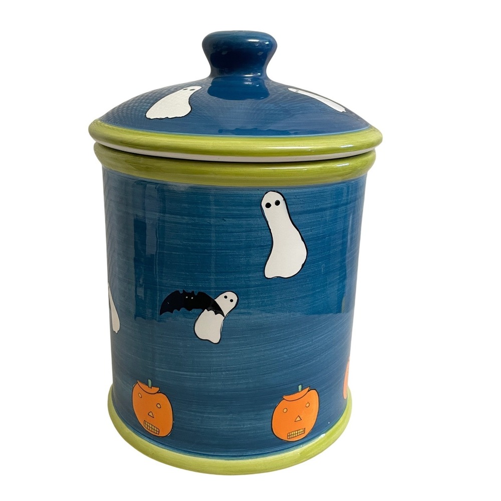 Vtg Y2K Hausenware Halloween Cookie Jar Canister Ghost Bat Pumpkin Blue Green